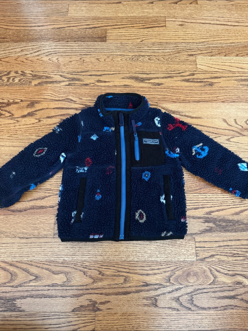 Vineyard Vines- Children's Navy Sherpa Fleece Jacket with Patterned Accents